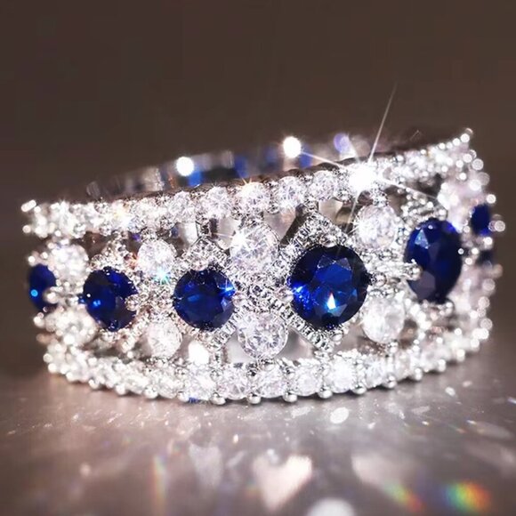 NEW 18k White Gold Blue Sapphire Diamond Ring Band - Picture 2 of 6